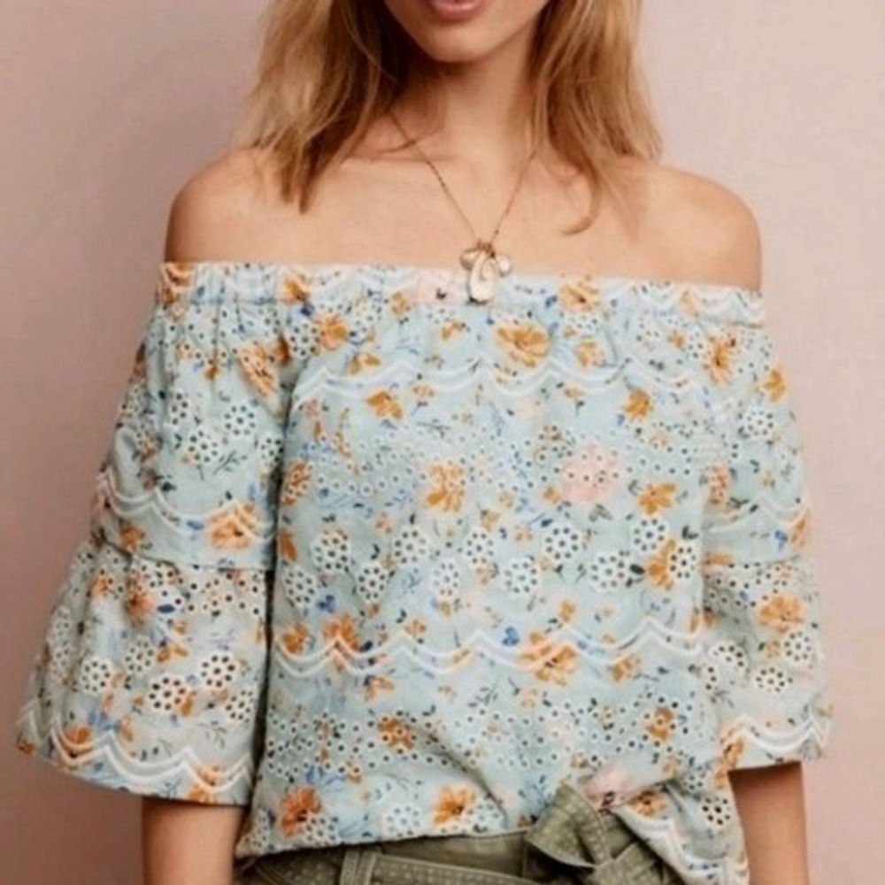 Anthropologie Laia Ashtabula Eyelet‎ Off-the-shoulder Blouse Floral Size XL